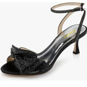 Milooey shoes Womens Glitter Rhinestone Bow Heeled Sandal Kitten Heels Black